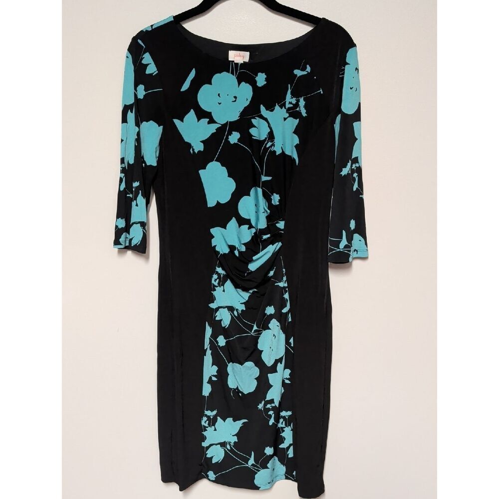 Pixley Black Dress with Aqua Floral Print and Ruched Front